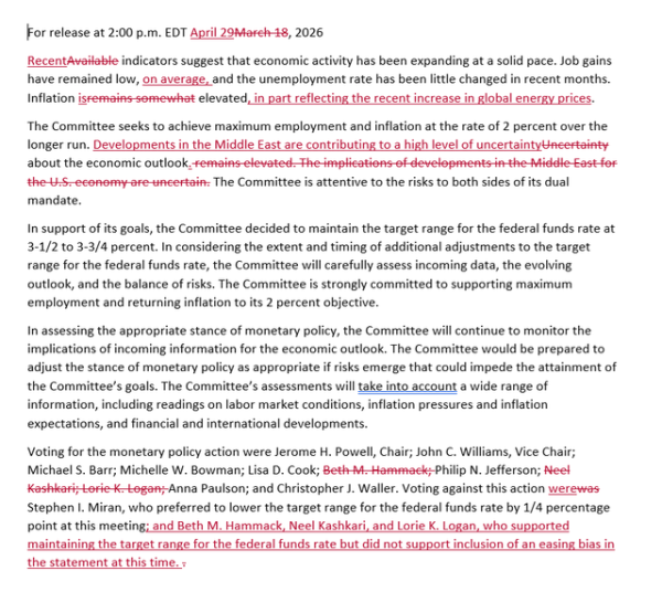 美联储如期维持利率不变 内部分歧创1992年以来新高